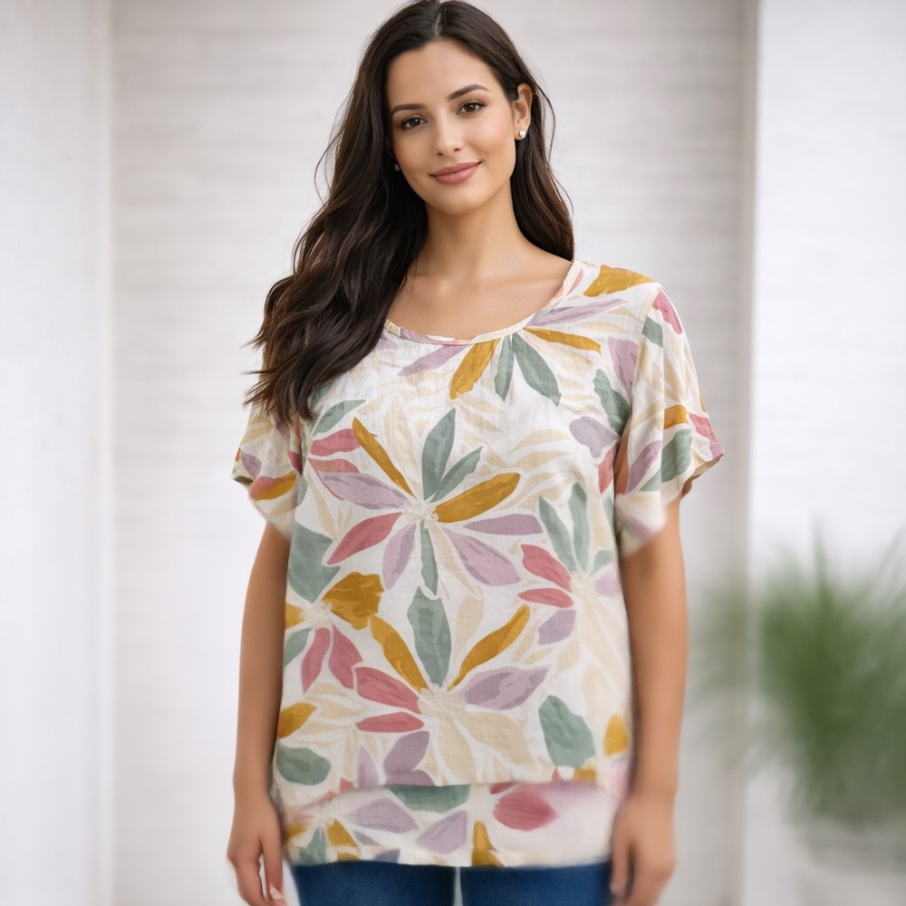 Nicole Miller New York Women's 100% Linen Short Sleeve Floral Top Size 1X